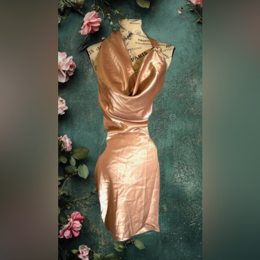 Satin Cowl Neck Slip Dress in Rose Copper M